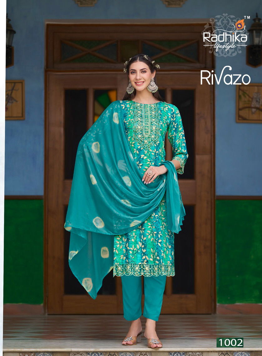 Rivazo Vol 1 By Radhika Rayon Embroidery Kurti With Bottom Dupatta Wholesale Online
